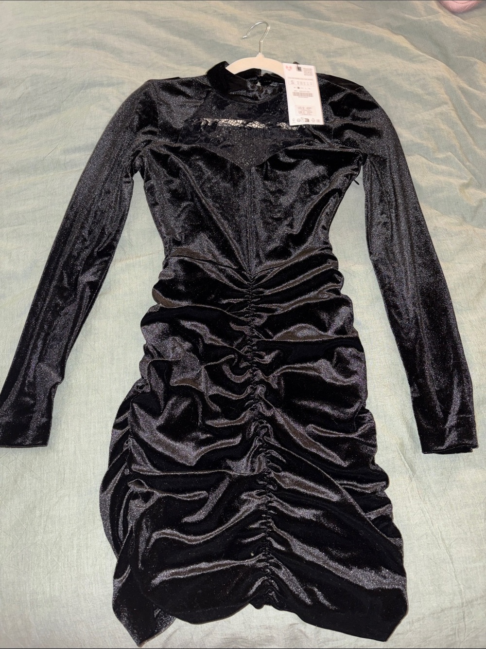 Zara Black Velvet Long-Sleeve Ruched Dress with Sequin Yoke